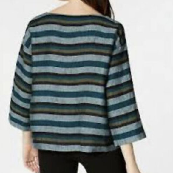 Eileen Fisher Cross-Dyed Organic‎ Linen Top Striped Teal Multi Box Tee Blouse - Picture 3 of 11